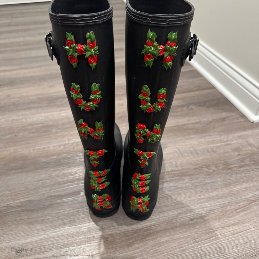 Hunter X Club Bum Boot Original Tall Black Rose Floral Logo Back Rain Boots - Picture 7 of 12
